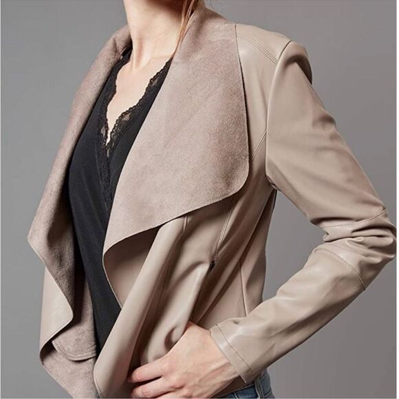 Escalier Faux Leather Jacket Slim Open Jacket NWT Khaki Tan  Blazer Size Small - Picture 2 of 15